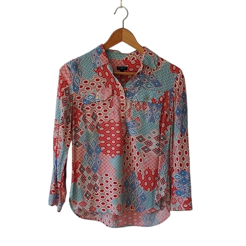 Talbots Petites Red Blue Geometric Patchwork Shirt Boho Hippie Sz SP